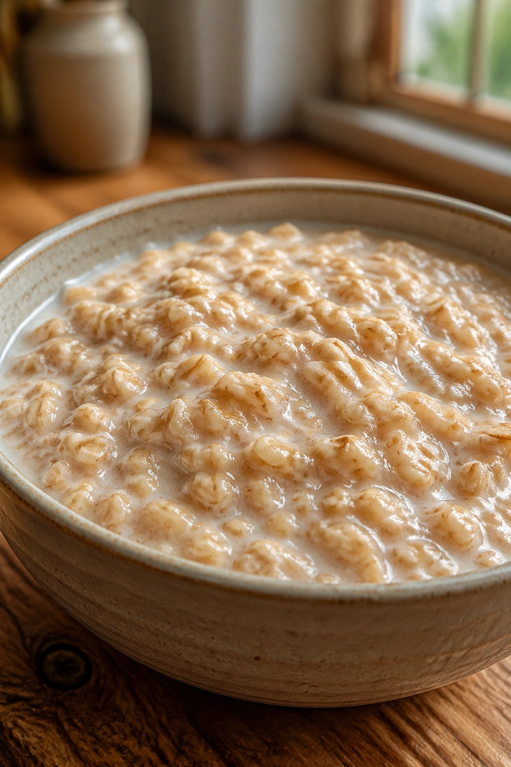 Oats in a bowl on a rustic kitchen counter