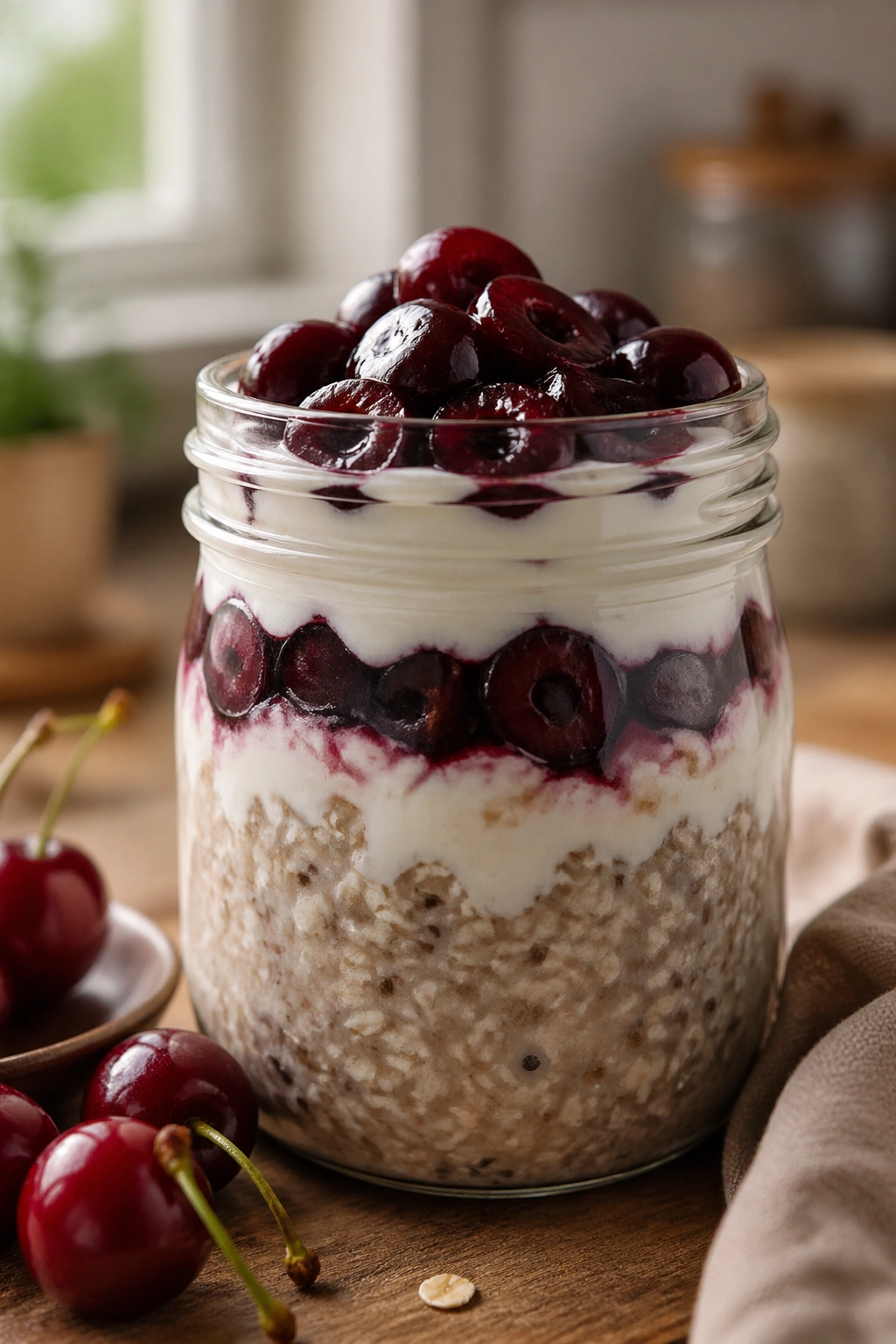 Close-up of overnight oats with Skyr and cherries in a glass jar on a wooden kitchen counter