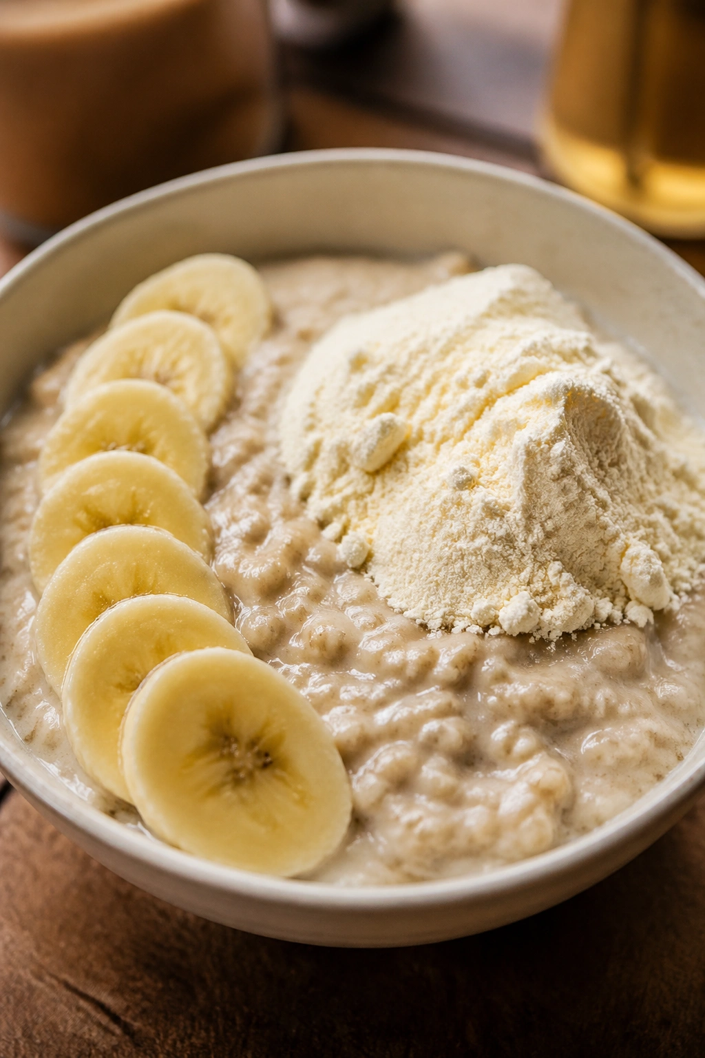 Creamy oatmeal with whey and banana topping in a bowl