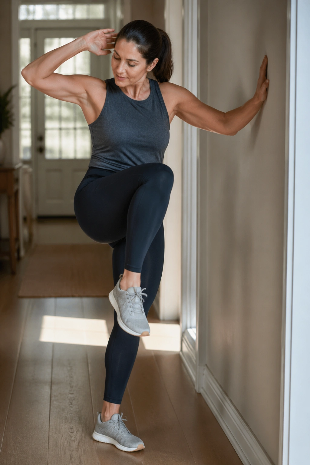 Real woman performing Wall Standing Oblique Crunch by a wall