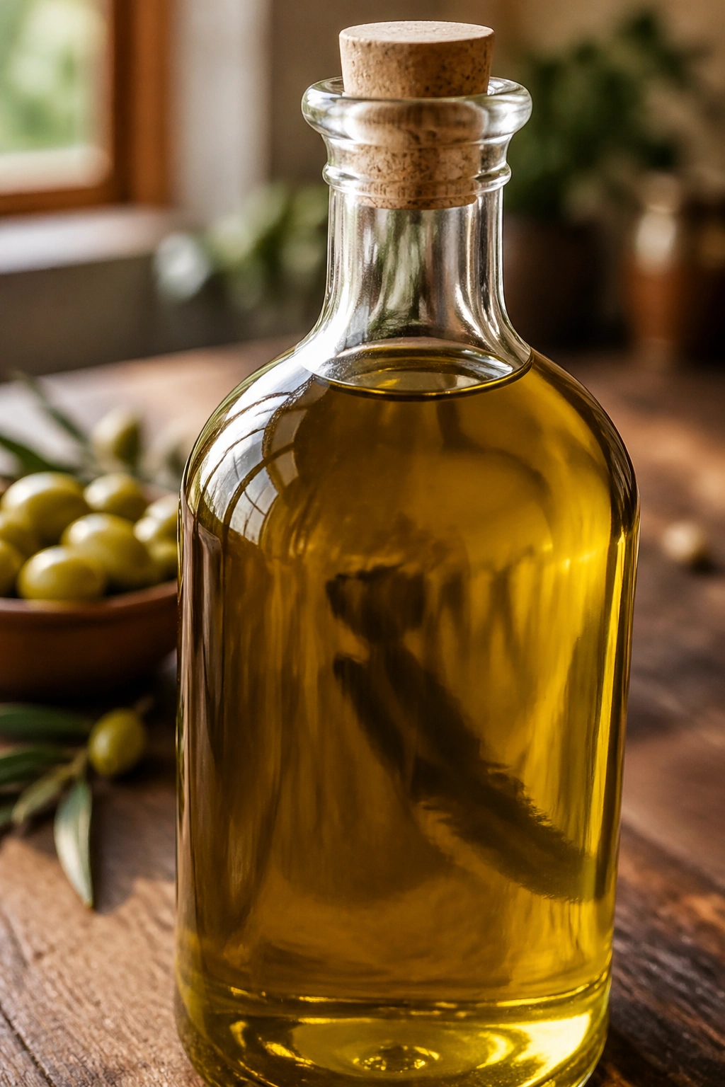 Close-up of an unlabeled bottle of extra virgin olive oil on a rustic kitchen counter
