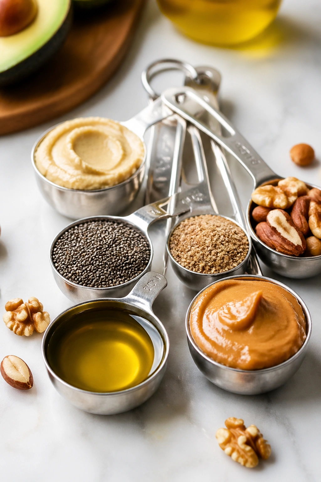 Close-up of measured portions of healthy fats on a kitchen surface