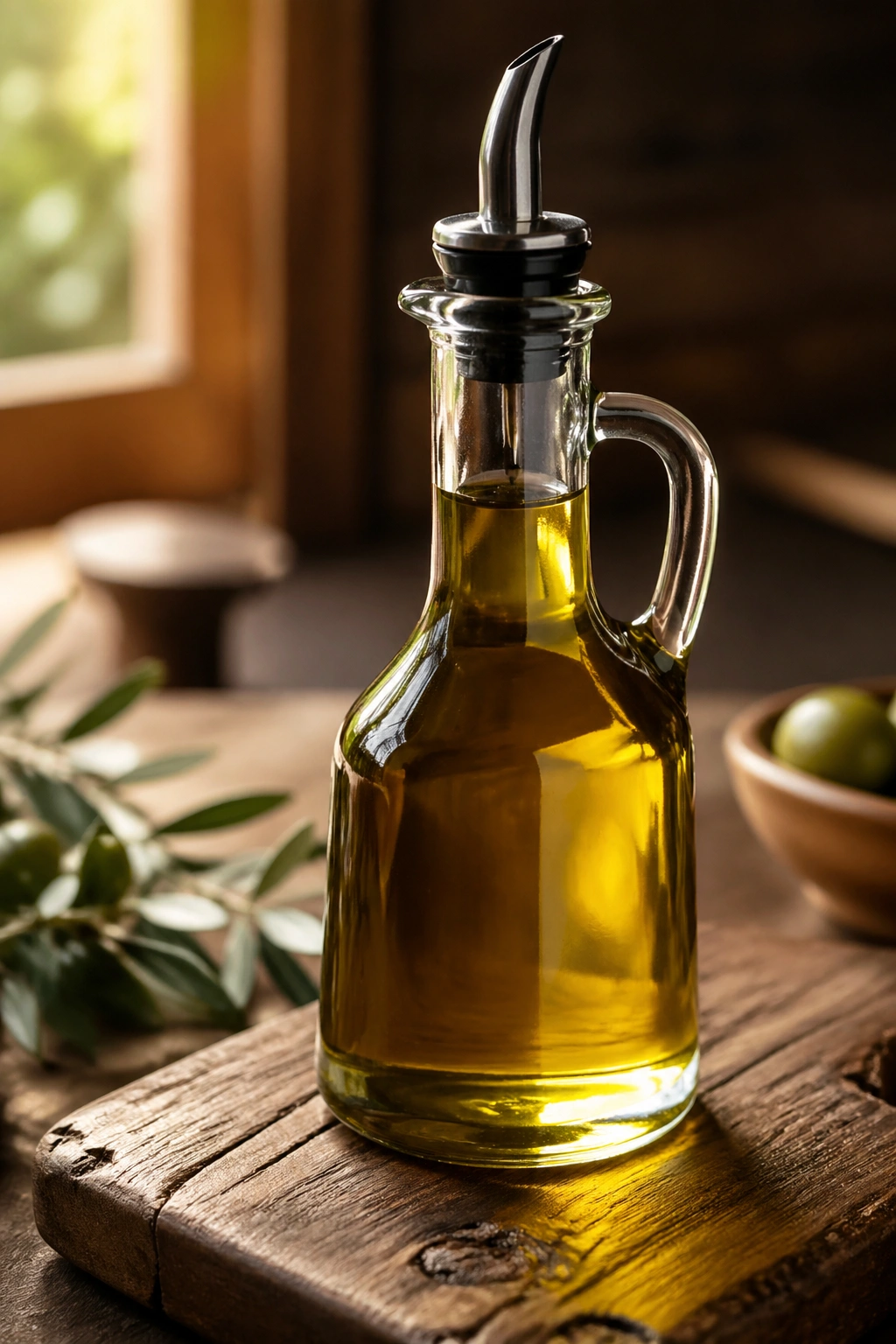 Glass bottle of olive oil on wooden board