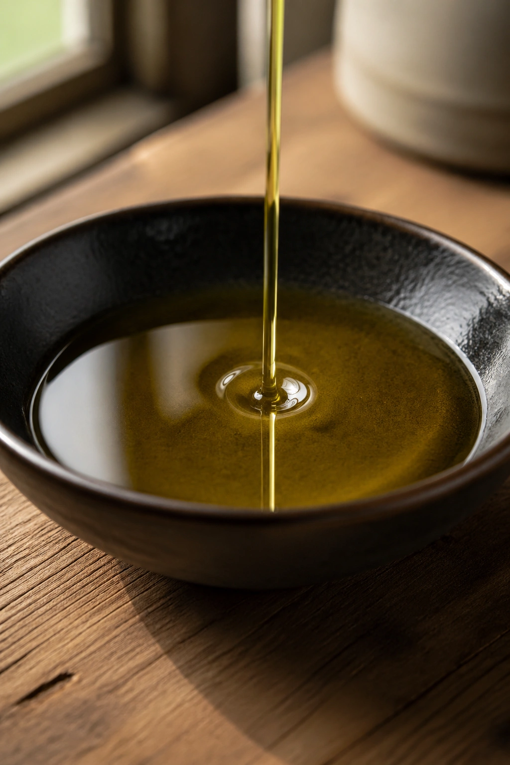 Glossy olive oil pool in a ceramic dish on a wooden counter