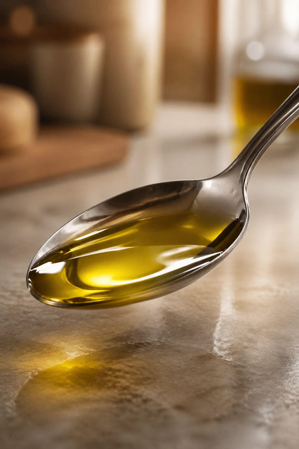 Close-up of a spoonful of olive oil on a kitchen counter