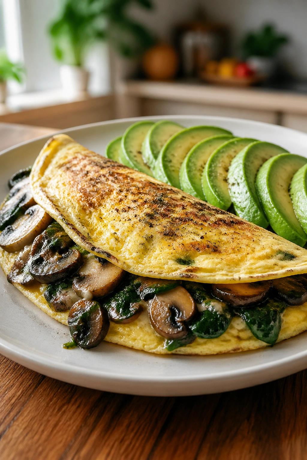 Close-up of spinach and mushroom omelet with avocado on a plate