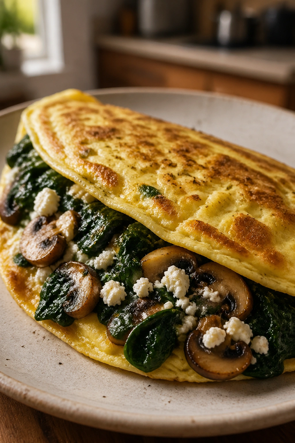 Close-up of spinach and mushroom feta omelet on a plate