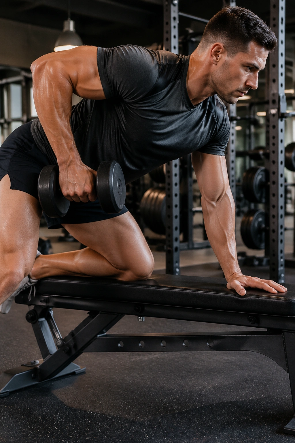 One-arm dumbbell row performed from a bench highlighting lat engagement