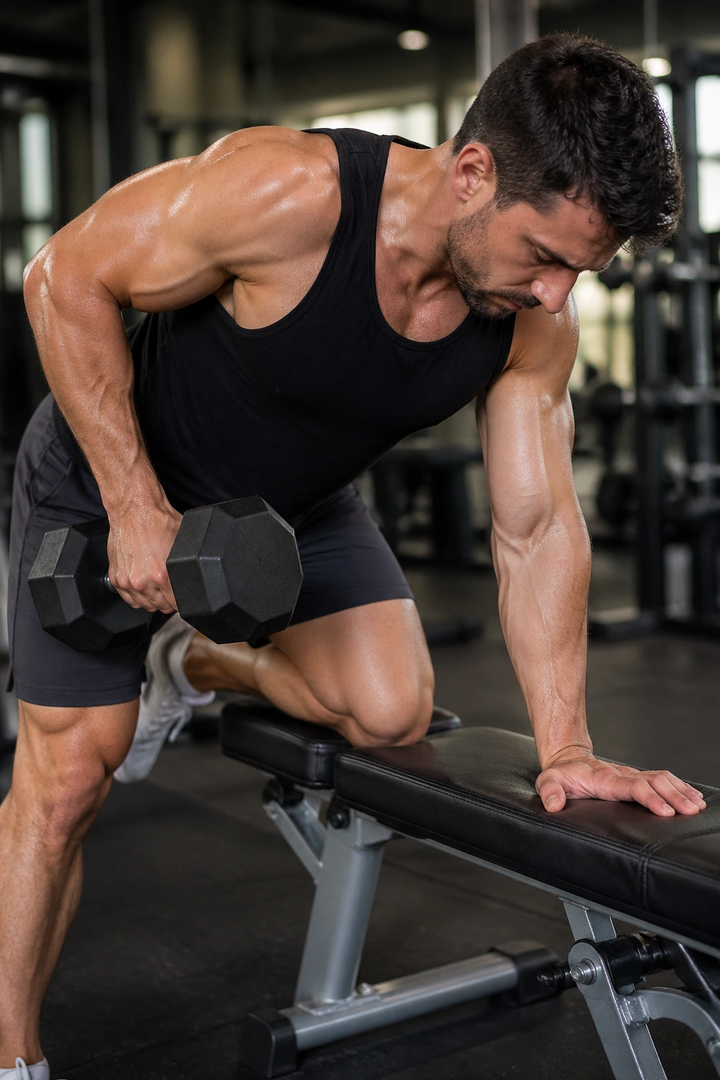 Single-arm dumbbell row performed at a bench, torso braced.