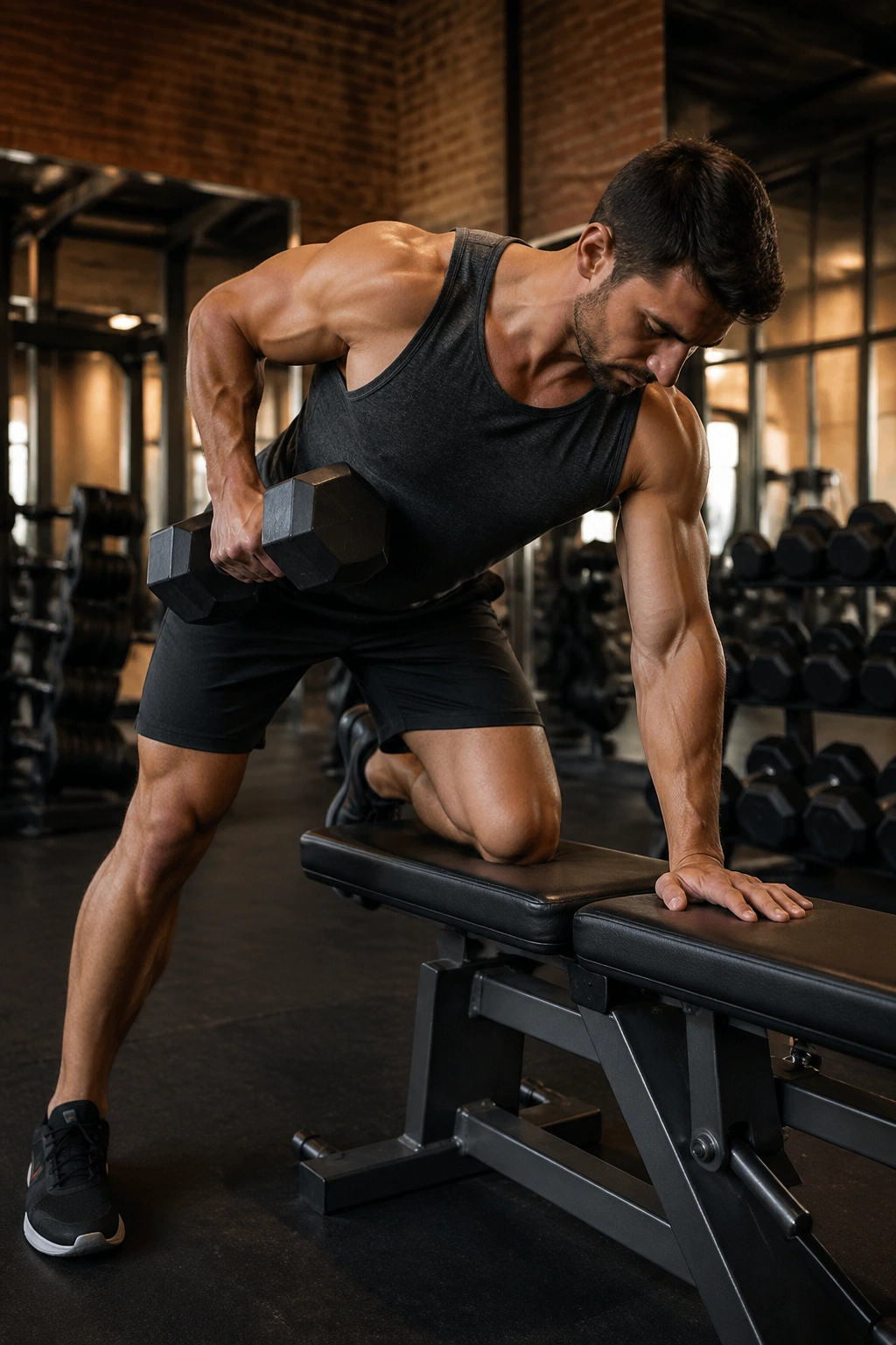 Person performing one-arm dumbbell row at a bench with back engaged
