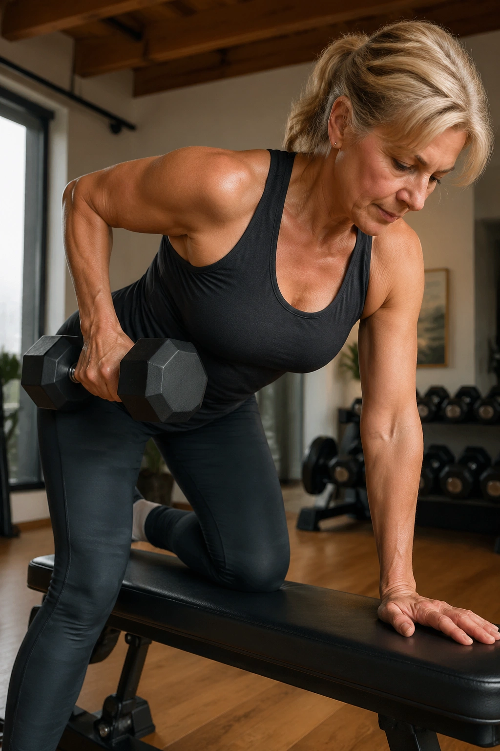 Real woman performing a one-arm dumbbell row in a home gym