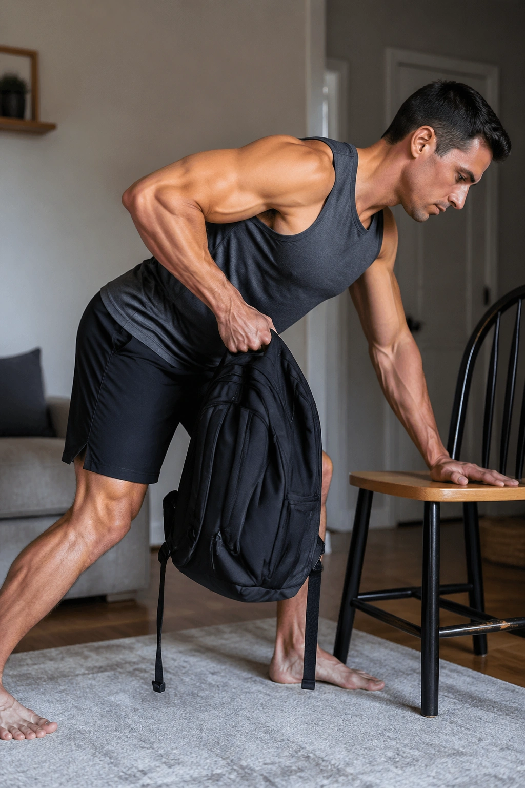 Person performing one-arm backpack row in a home setting