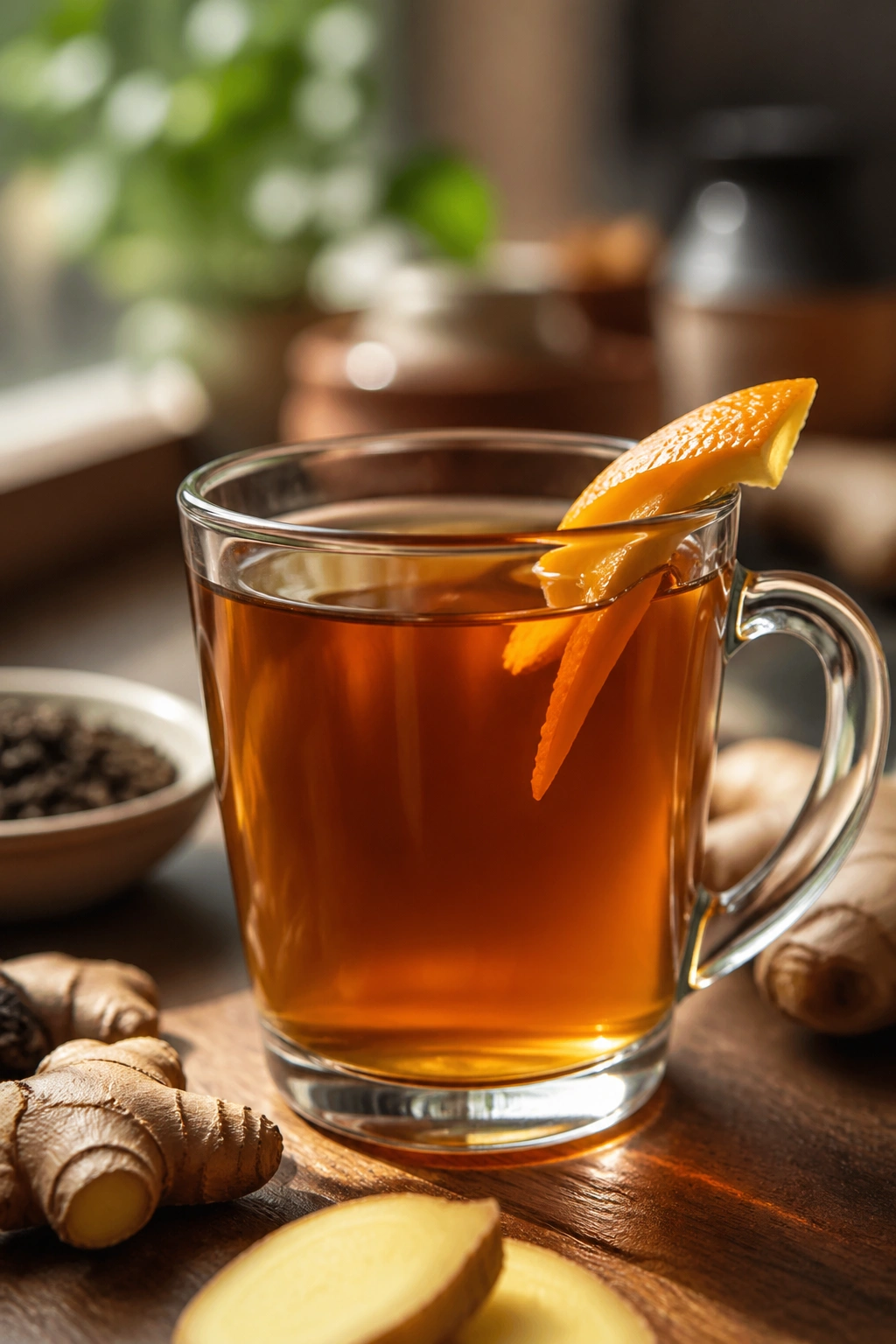 Close-up of a mug of oolong ginger tea with orange peel in a cozy setting