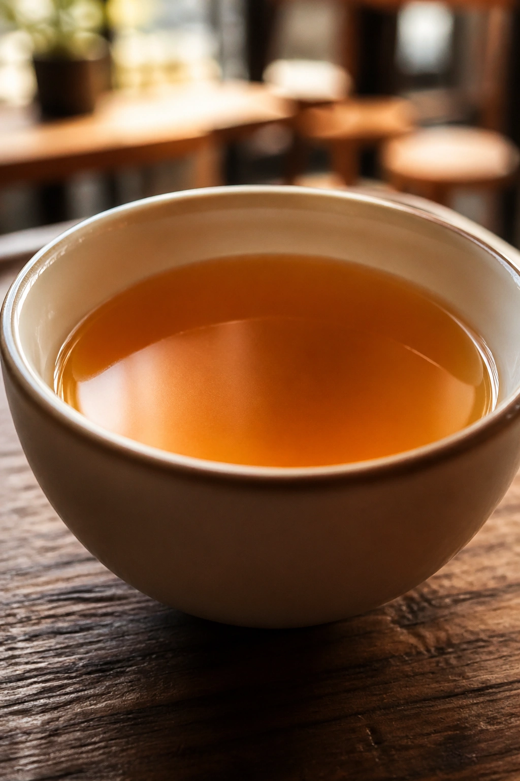 Close-up of amber oolong tea in a cup on a wooden table