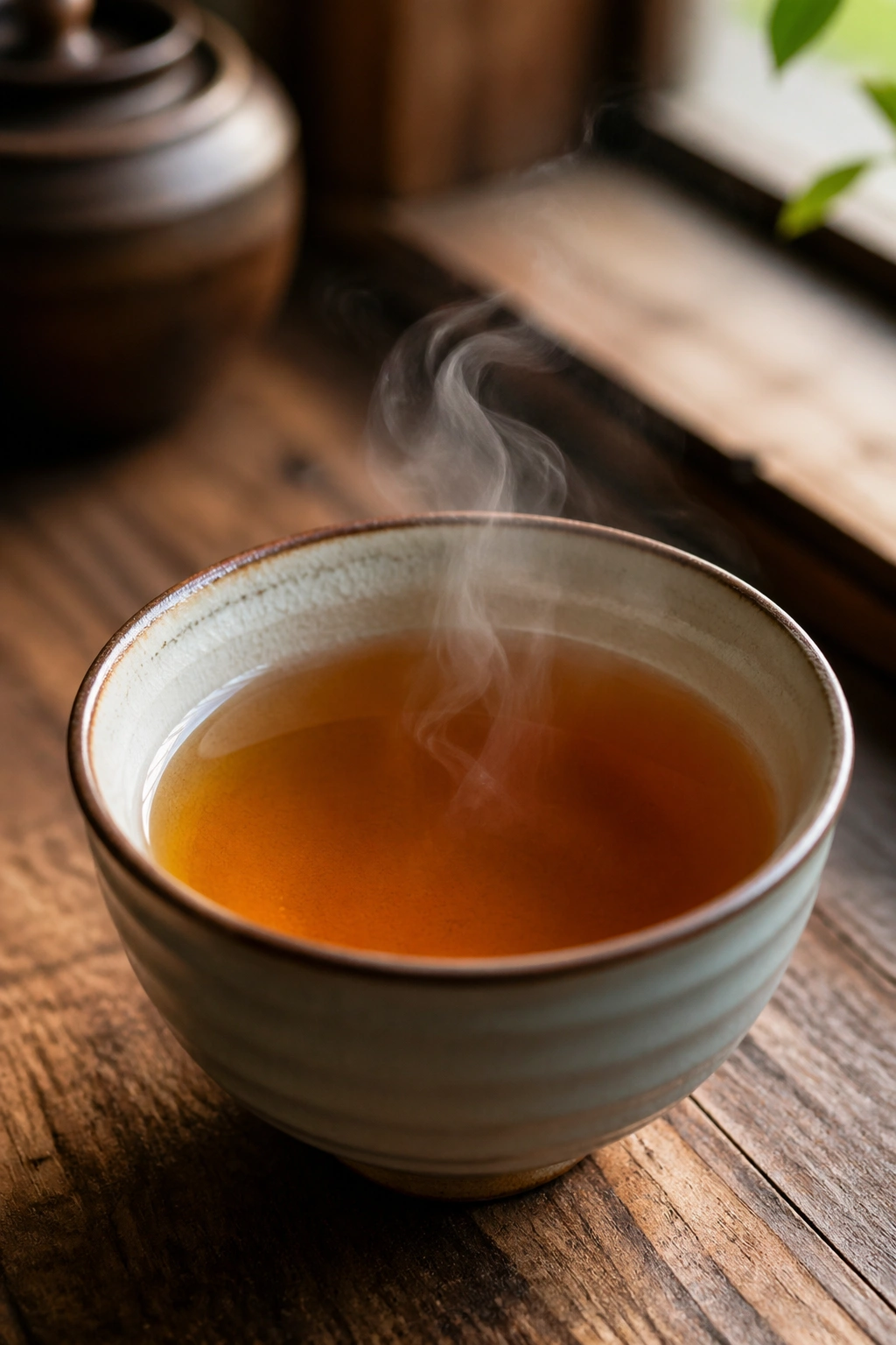 Close-up of a cup of amber oolong tea with steam