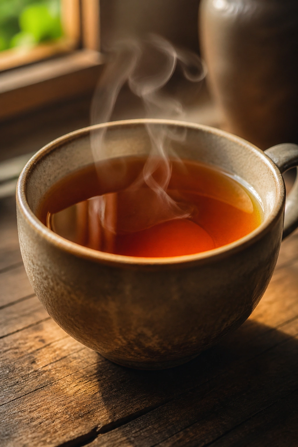Close-up of steaming oolong tea in a ceramic mug on a wooden counter