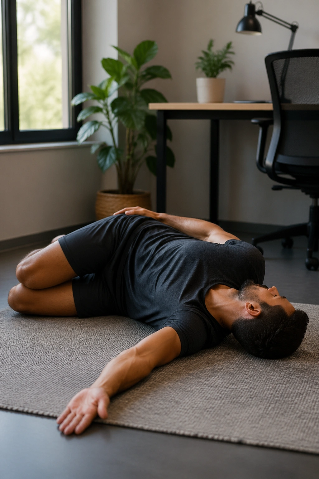 Side-profile of a person performing open book rotation for rib and back relief