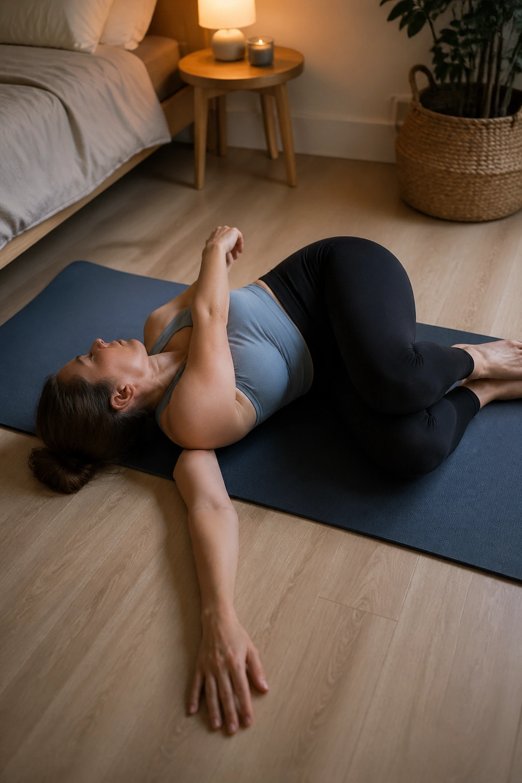 Real person doing Open-Book Thoracic Rotation on a yoga mat