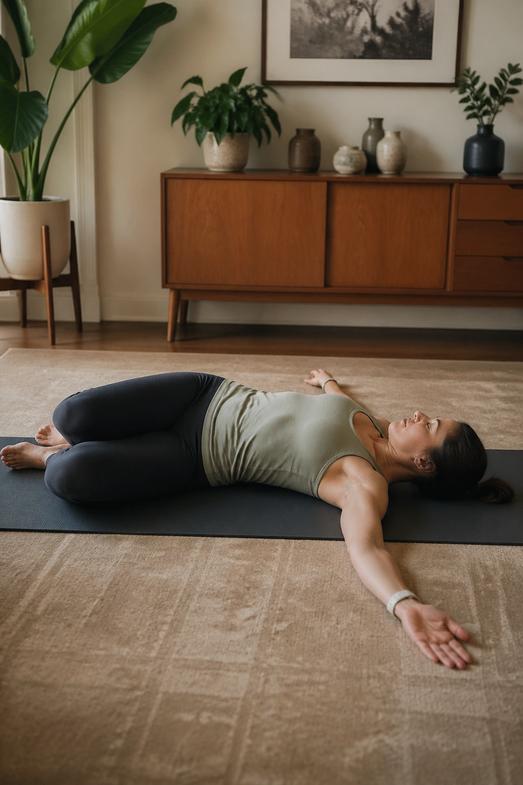 Side view of a person performing the open book stretch to rotate the thoracic spine