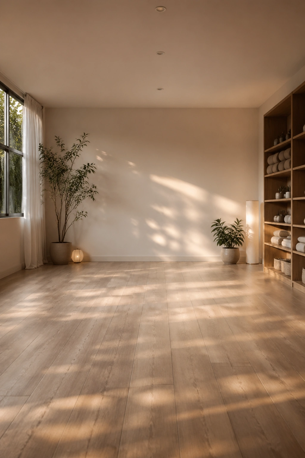 Wide shot of open, clear center floor in a yoga room