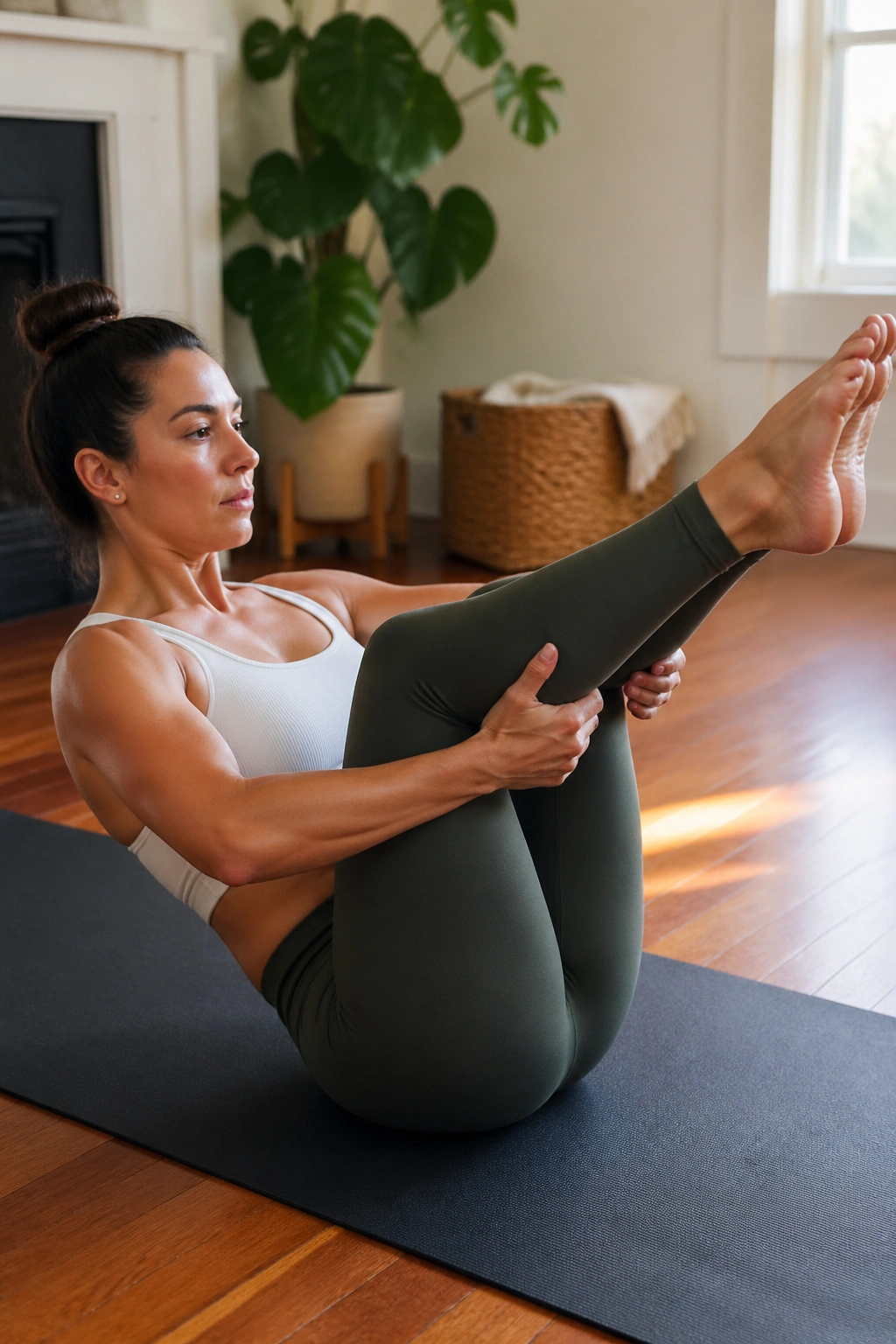 Close-up of Open Leg Rocker on a yoga mat showing rounded spine and balanced core engagement