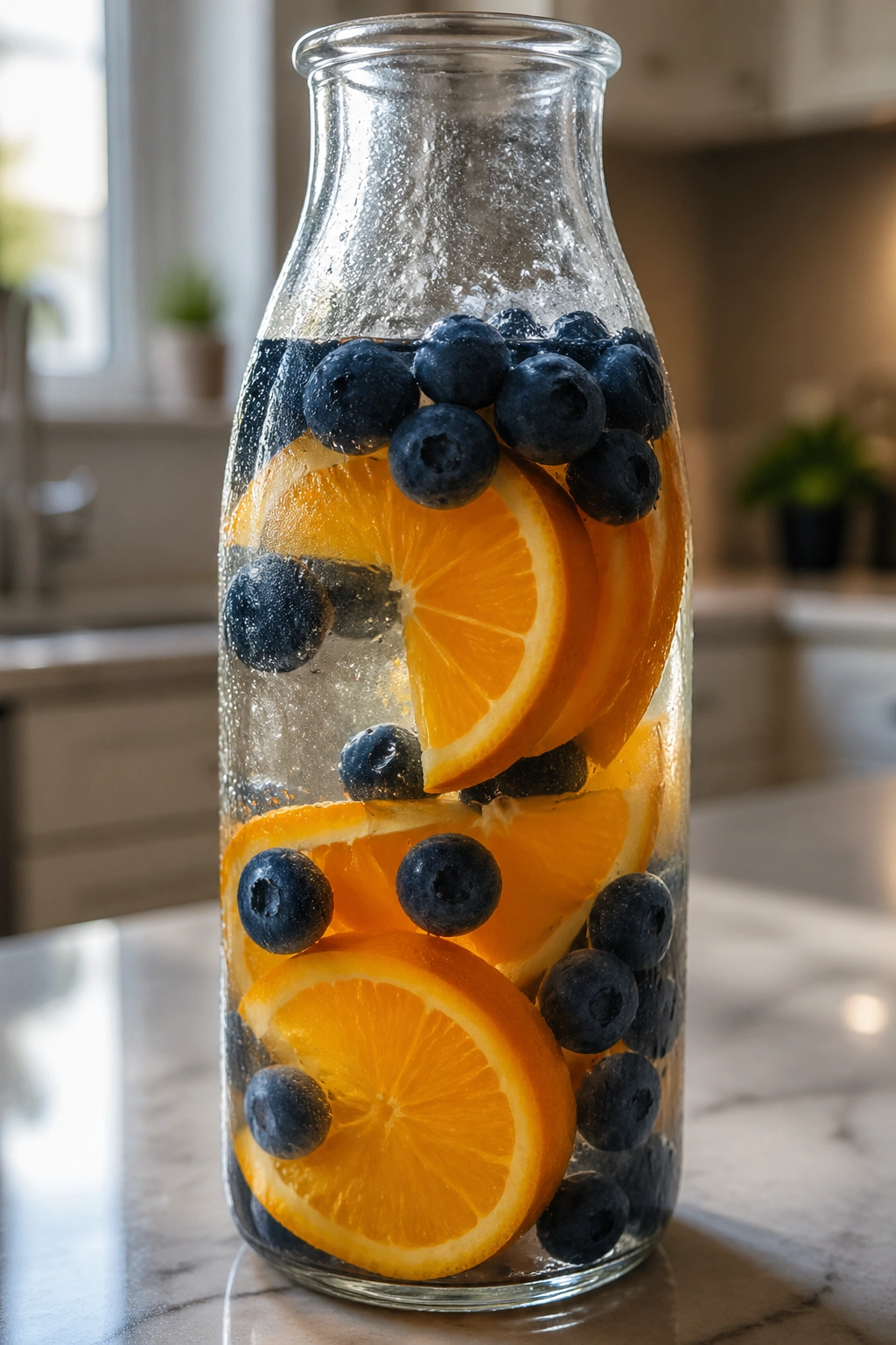 Close-up of orange blueberry water in a glass bottle with orange slices and blueberries