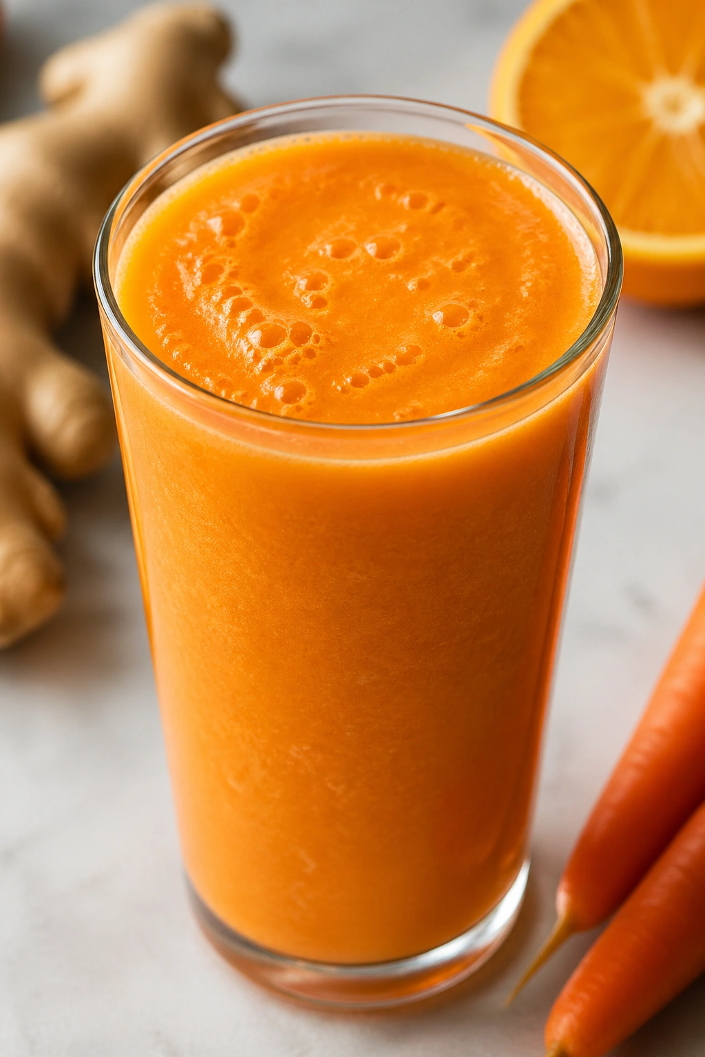 Close-up of a glass of orange carrot ginger recovery smoothie on a kitchen counter