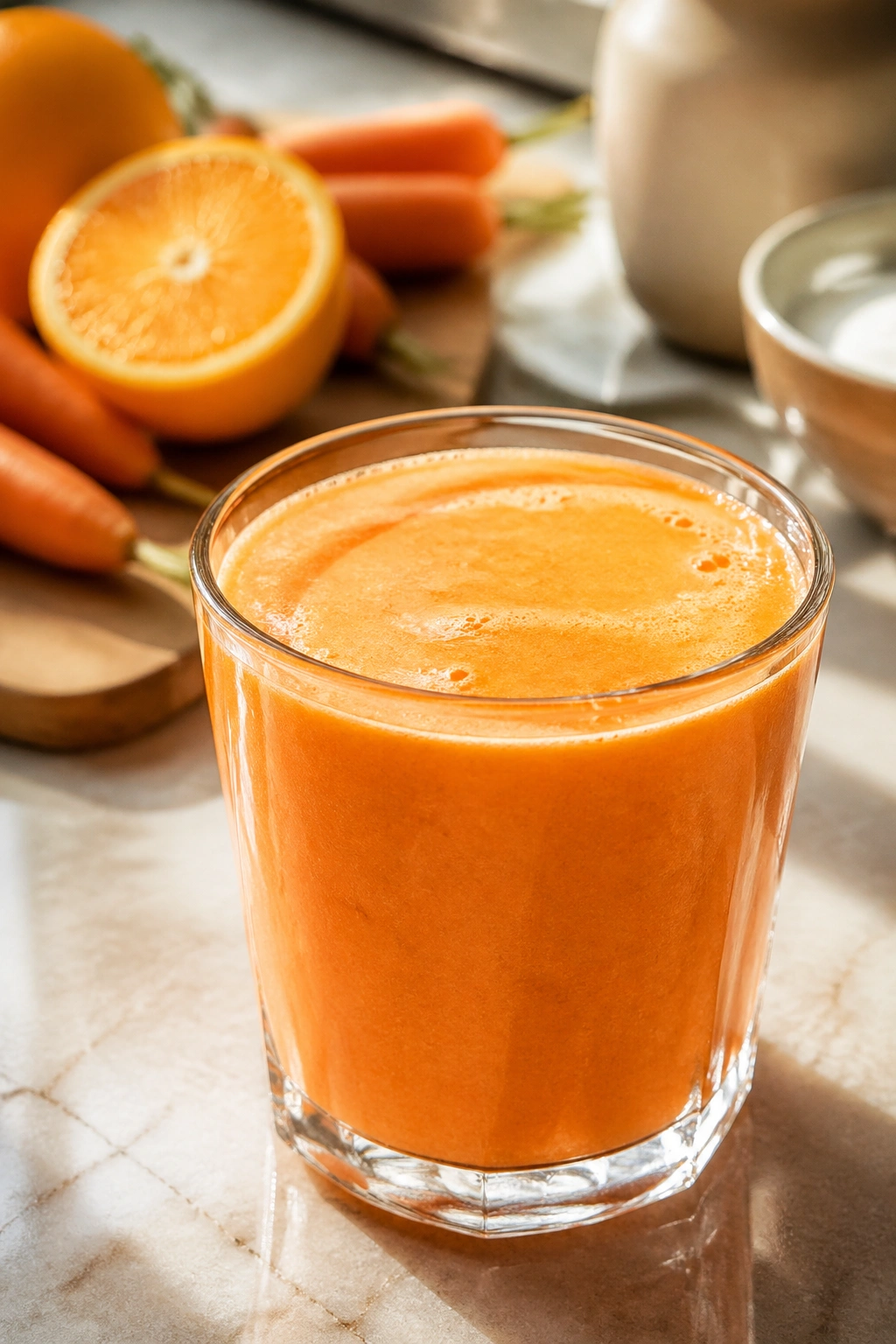 Close-up of orange carrot greek yogurt smoothie in a glass on a kitchen counter