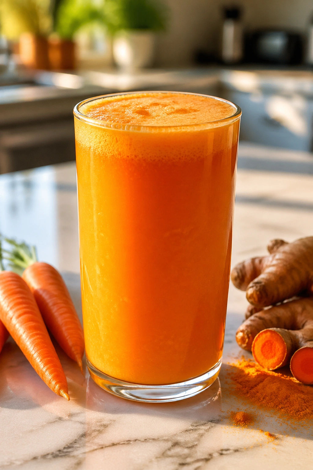 Orange Carrot Turmeric Smoothie in glass on kitchen island with warm daylight