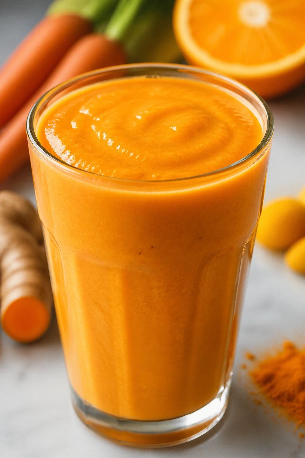 Glass of Orange Carrot Turmeric Smoothie in a bright kitchen