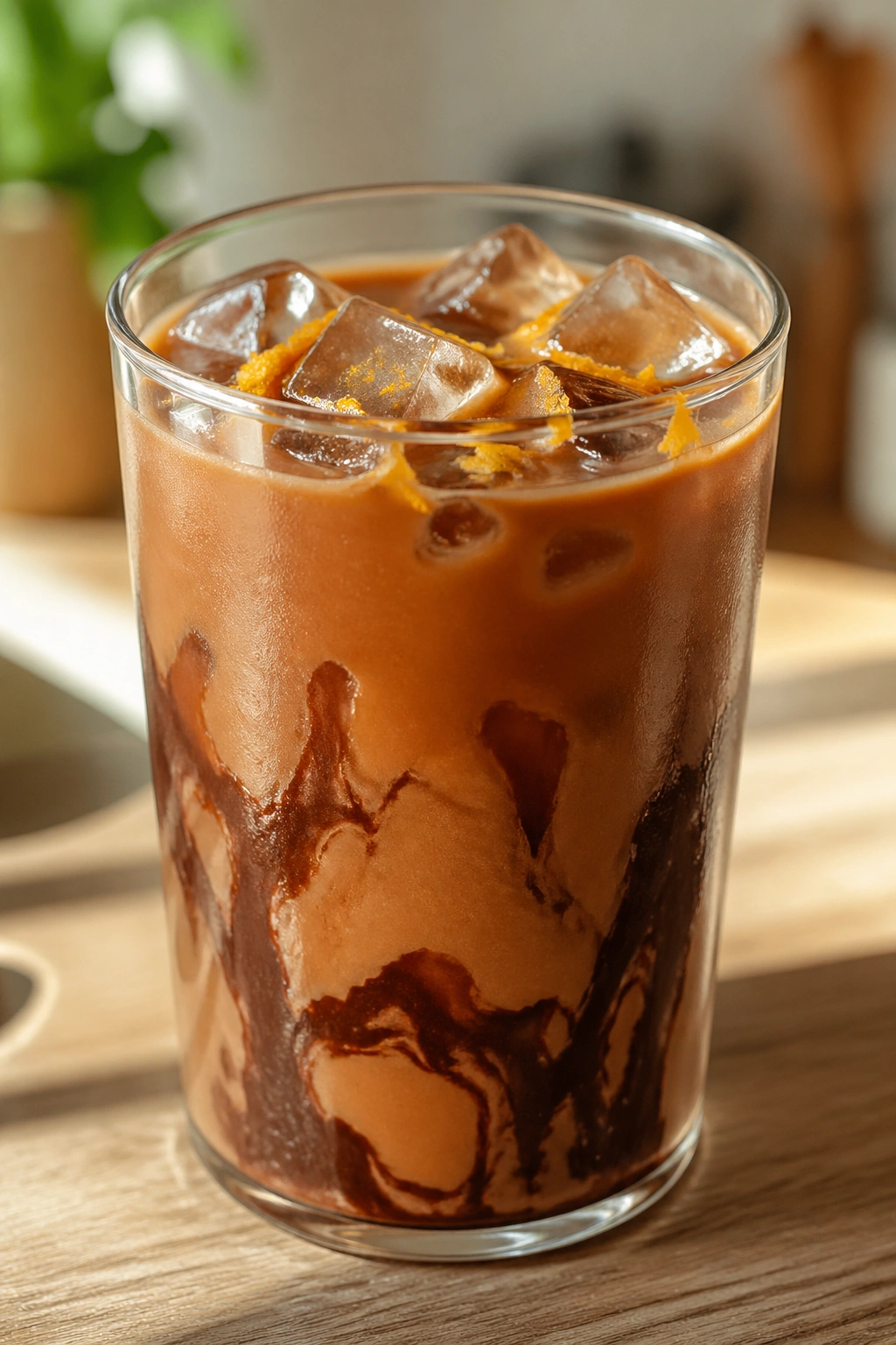 Close-up of Orange Cocoa Iced Coffee with orange zest in a glass