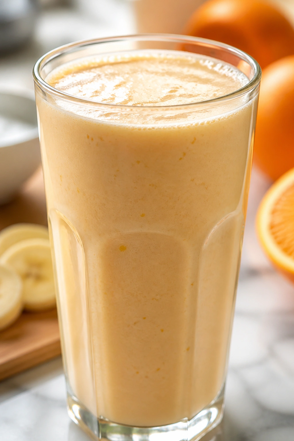 Close-up of Orange Cream Protein Shake in glass on kitchen counter