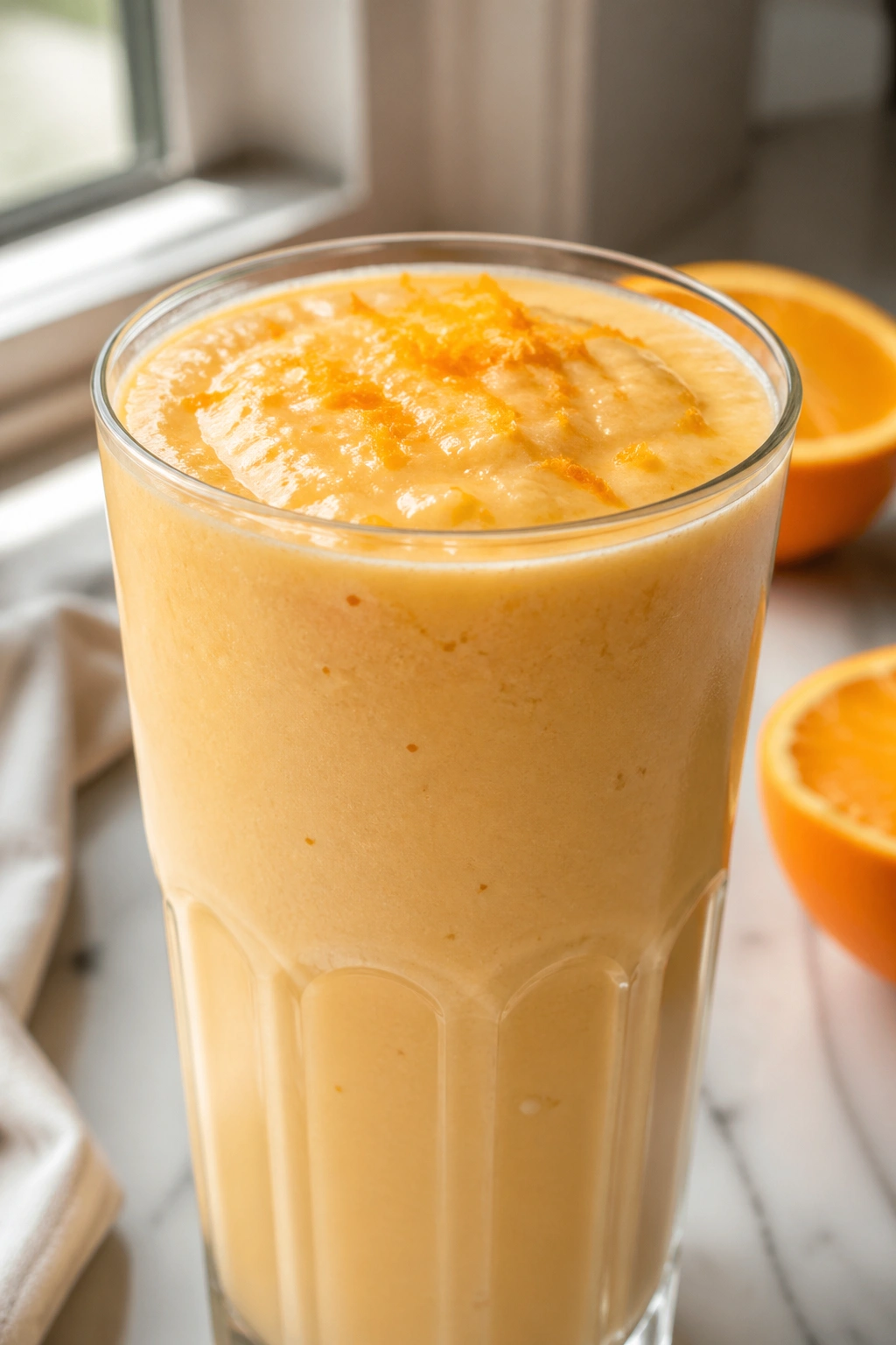 Close-up of an orange cream smoothie in a glass on a bright kitchen counter