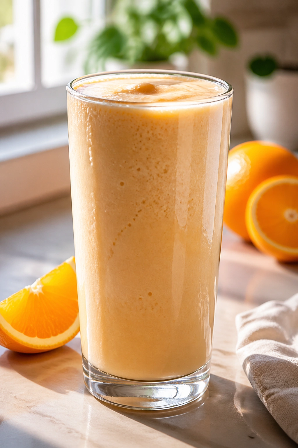Orange Creamsicle Protein Shake in a glass with pale orange color