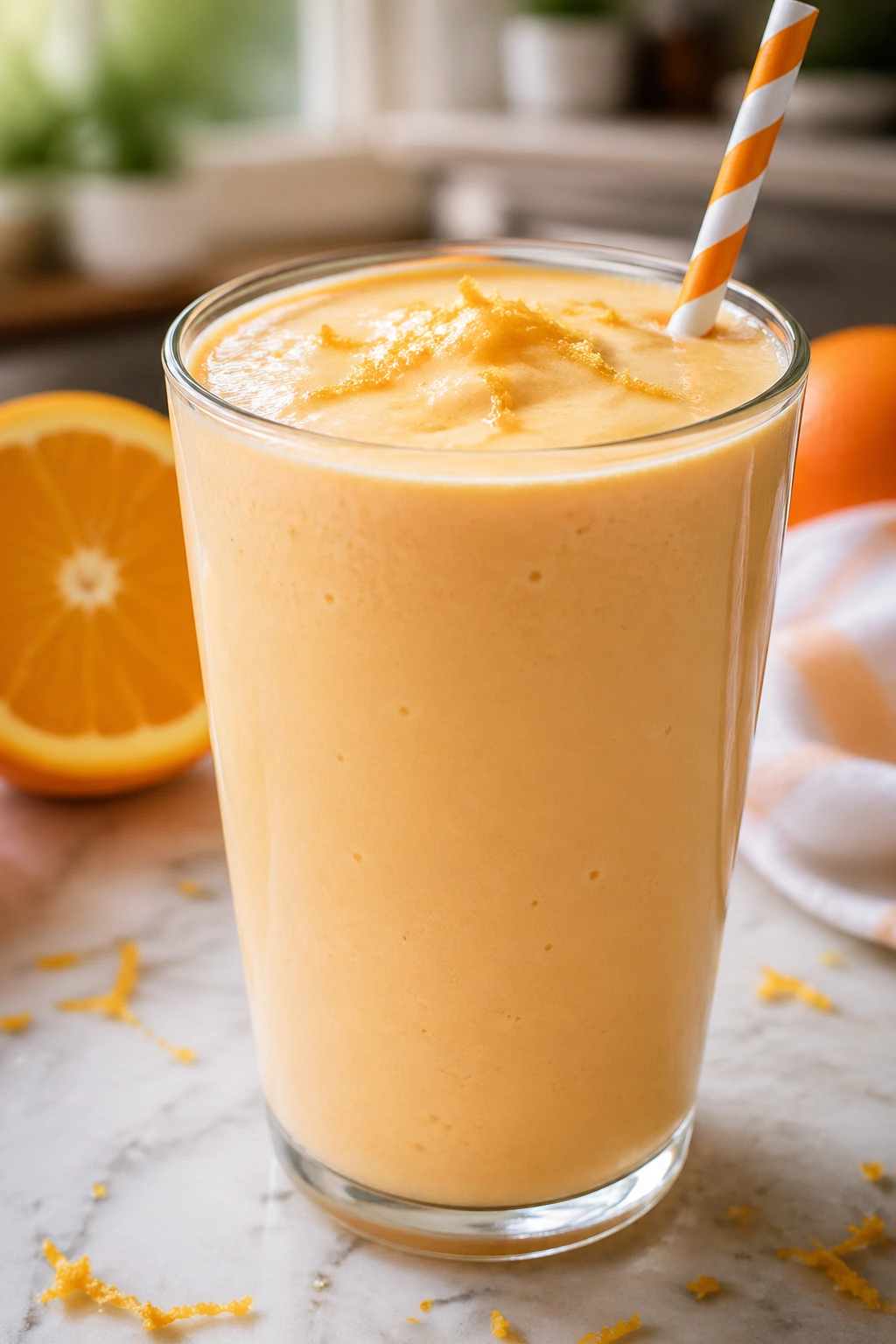 Close-up of Orange Creamsicle Protein Shake in a glass on a kitchen counter