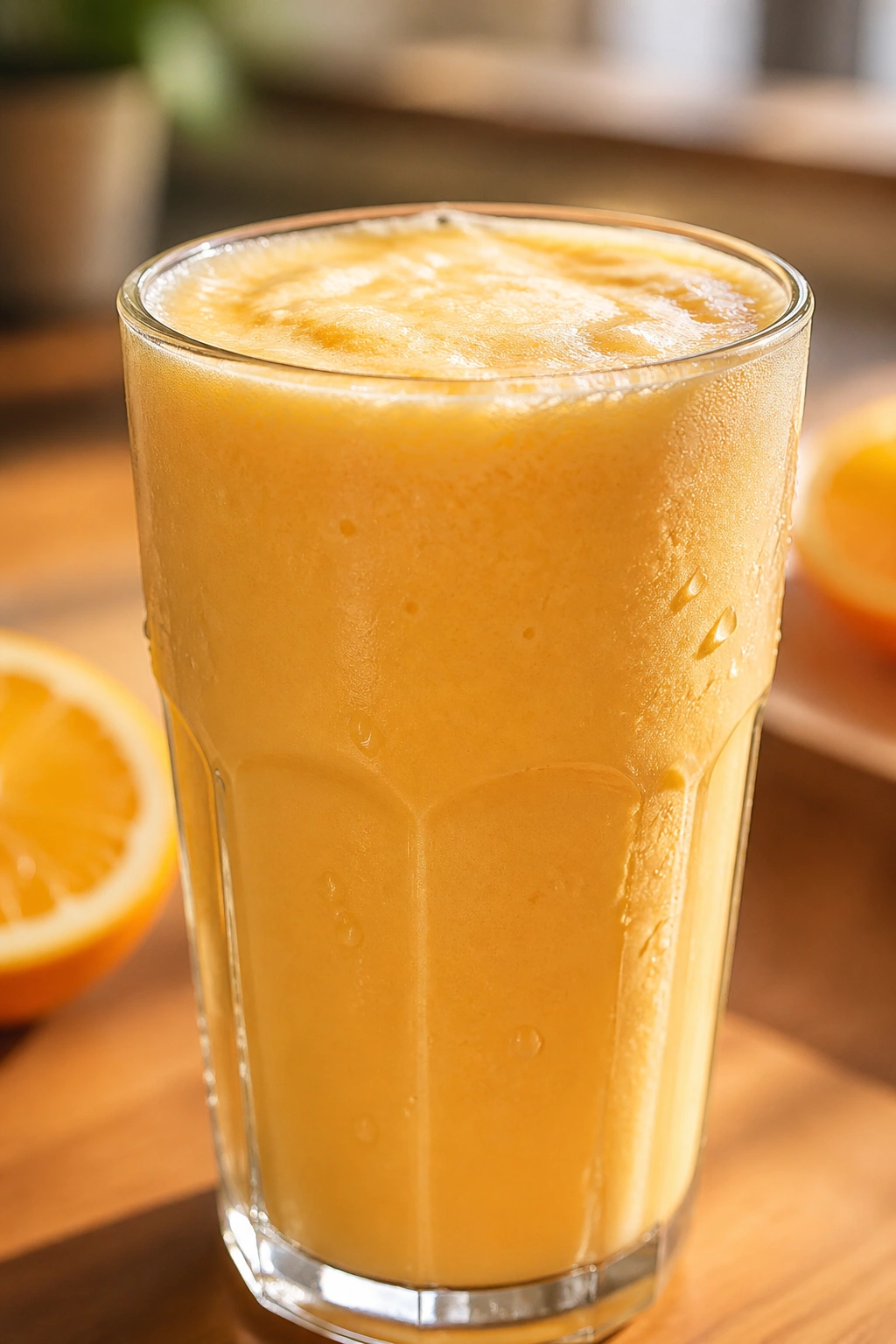Close-up of a bright orange creamsicle whey shake in a glass for post-workout recovery