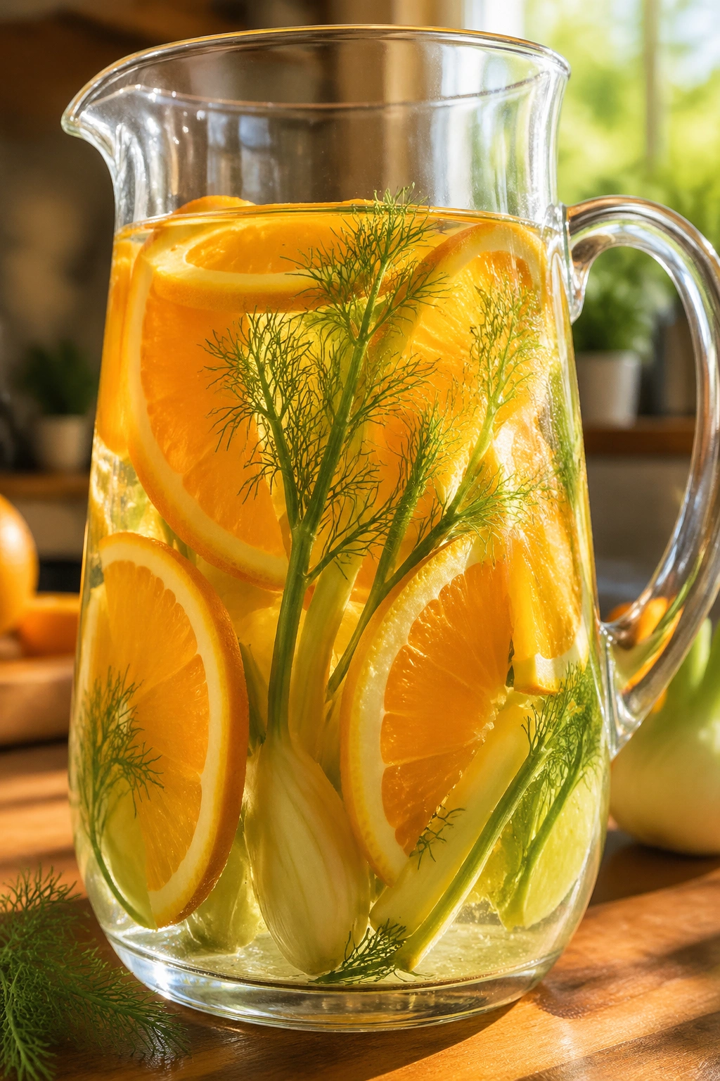 Close-up of orange and fennel infusion in a glass pitcher on a warm kitchen counter.