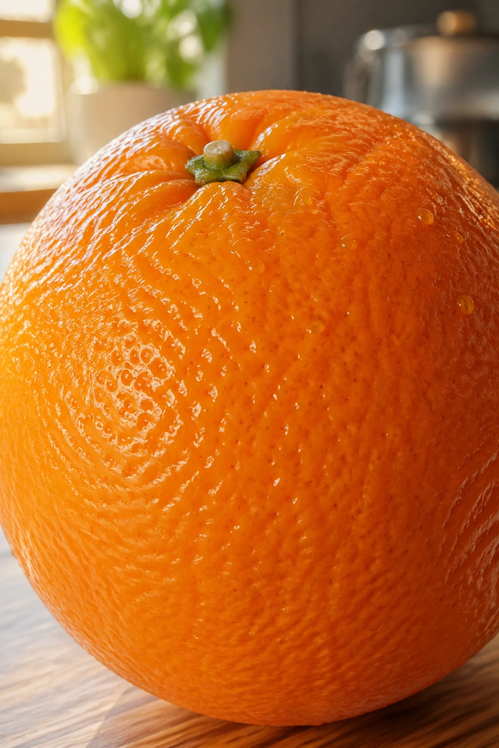 Close-up of a single orange with textured rind