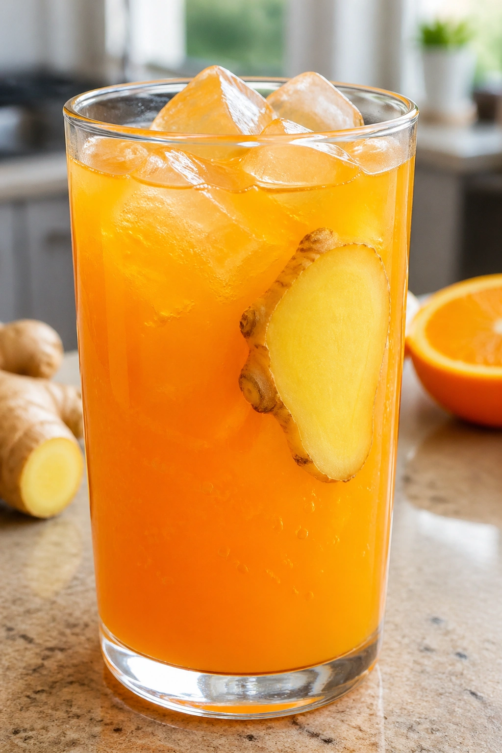 Close-up of orange ginger electrolyte drink in a glass