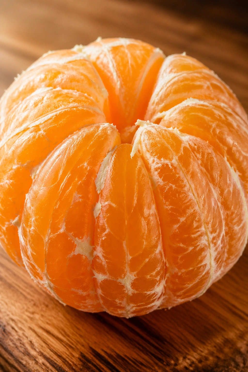 Close-up of peeled orange on wooden counter