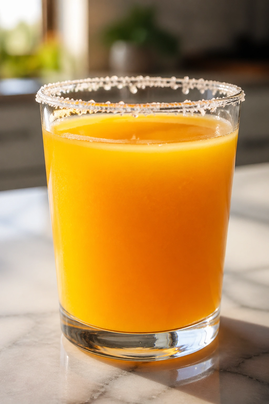 Glass of orange juice with a subtle salt rim on a sunny kitchen counter