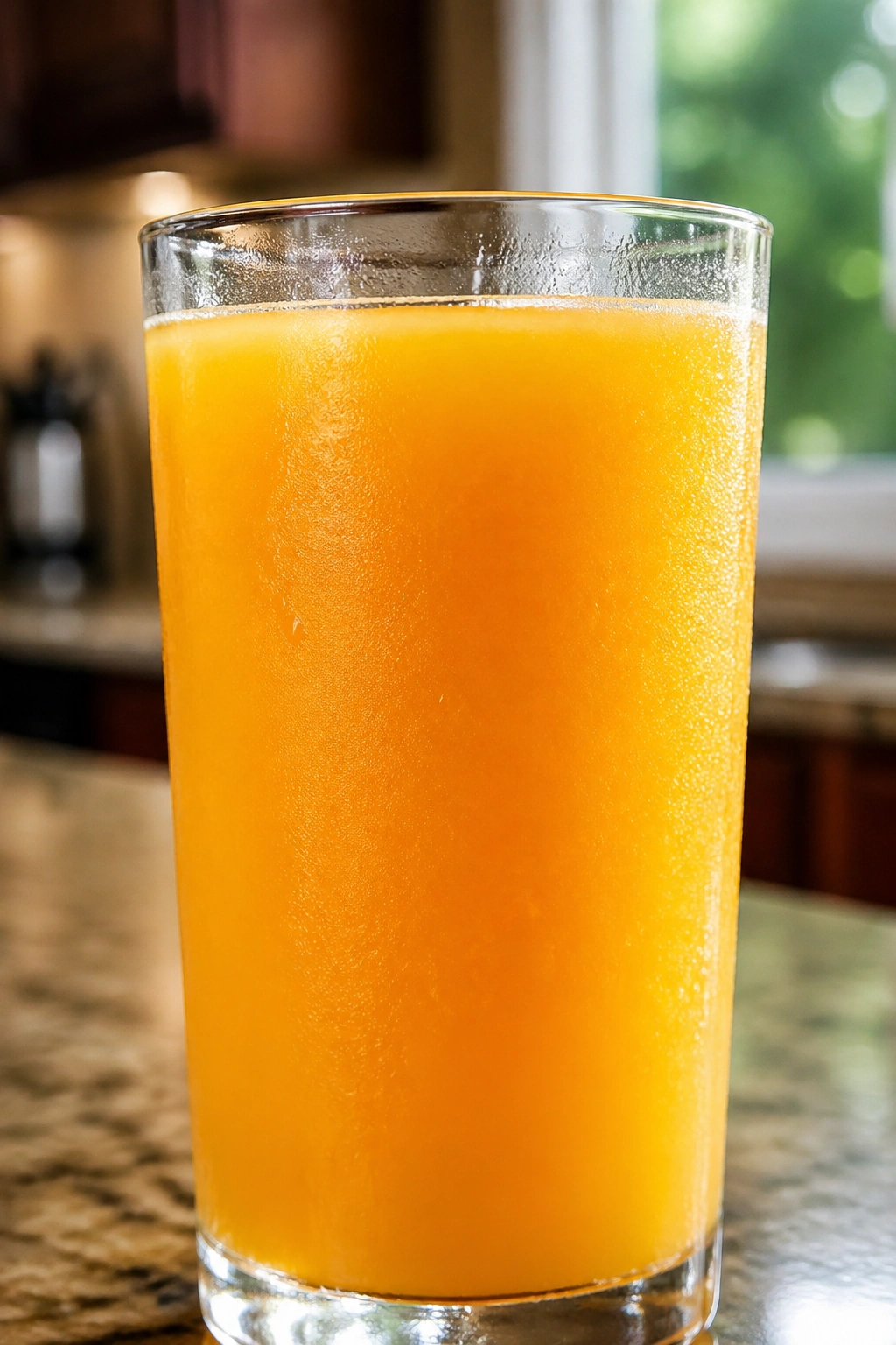 Glass of orange juice on a kitchen counter, close-up