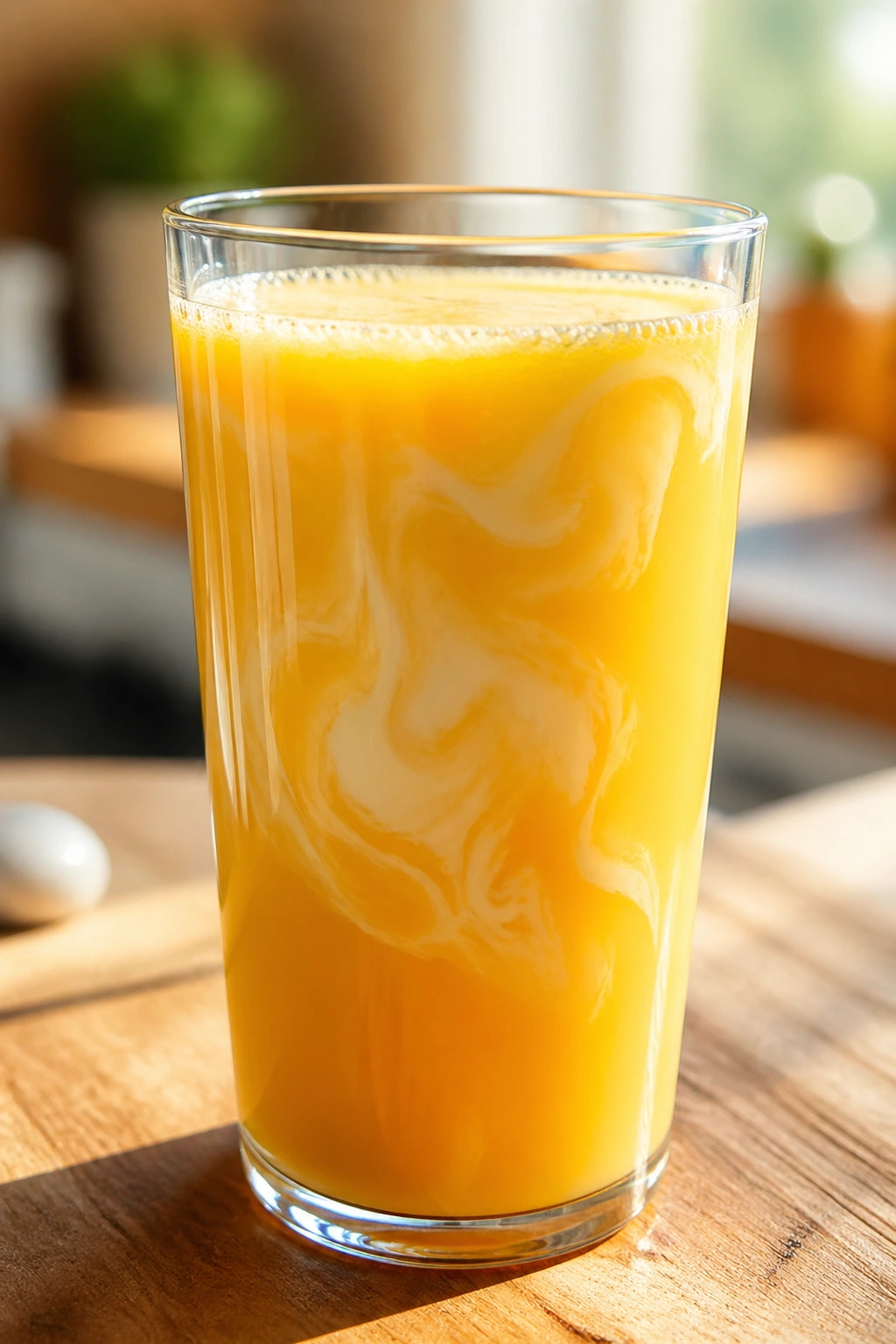 Close-up of a glass of orange juice with a whey swirl in a sunny kitchen.