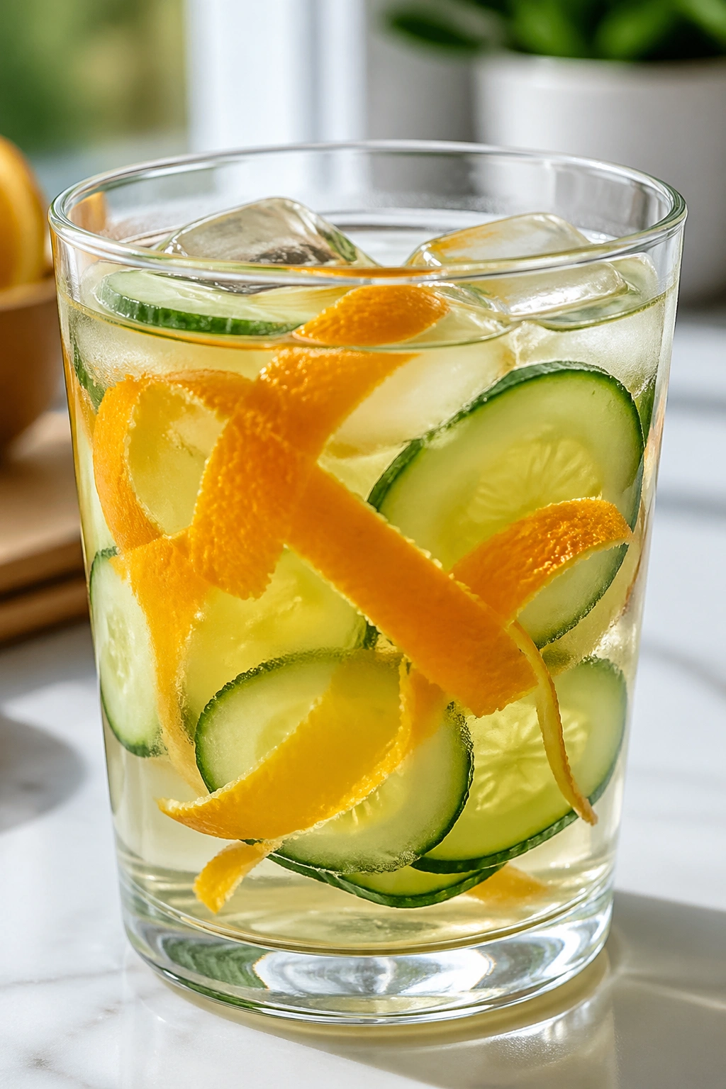 Close-up of cucumber water with orange peel in a glass