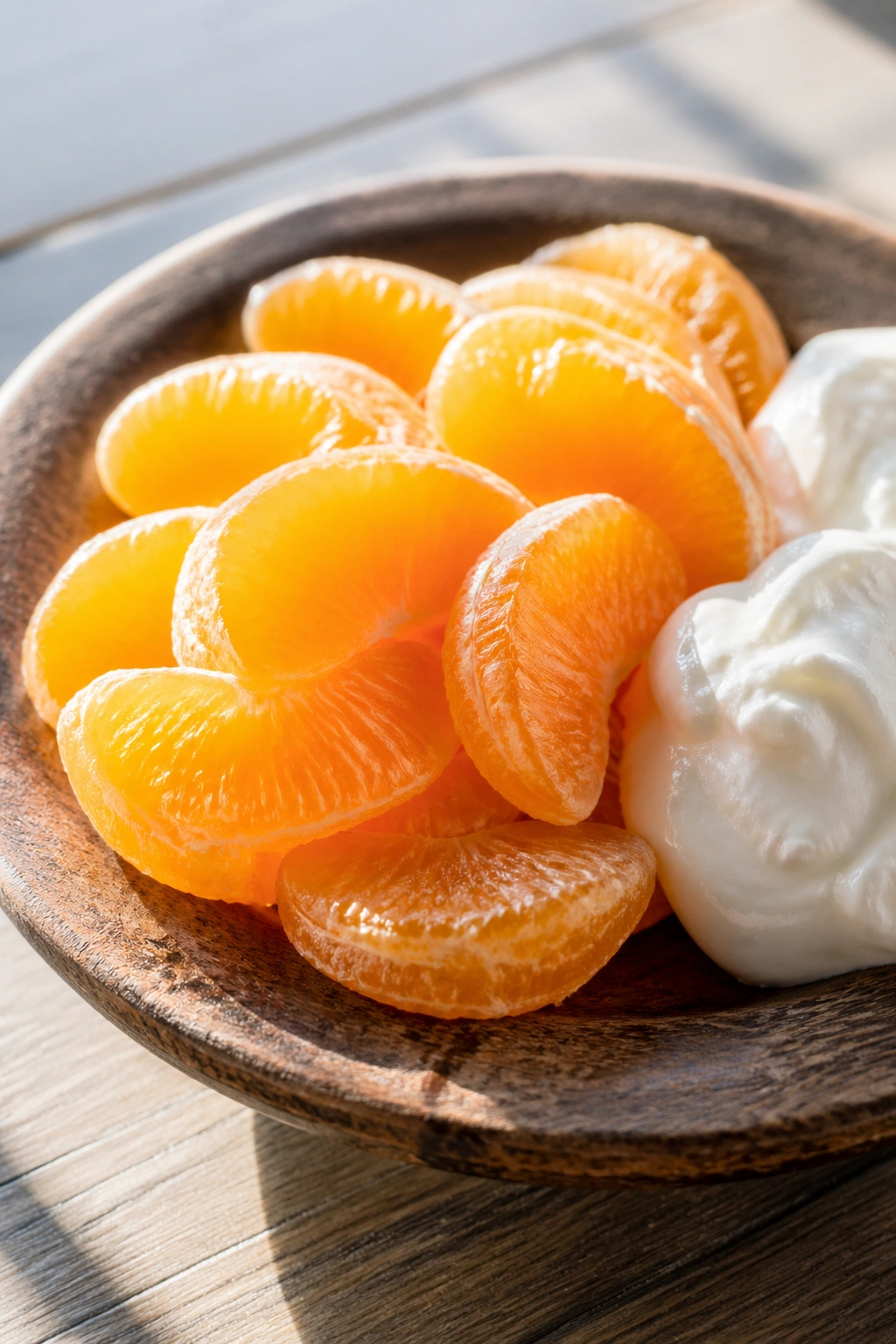 Close-up of peeled orange segments with a dab of low-fat Greek yogurt on a wooden plate