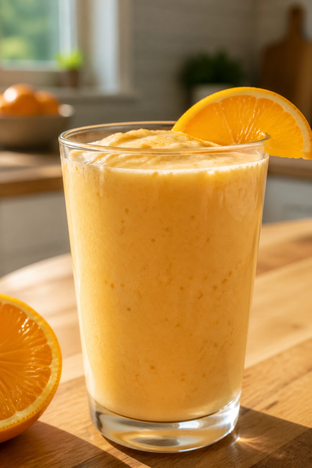 Close-up of orange-vanilla skyr shake in a glass with creamy froth on a sunlit kitchen counter
