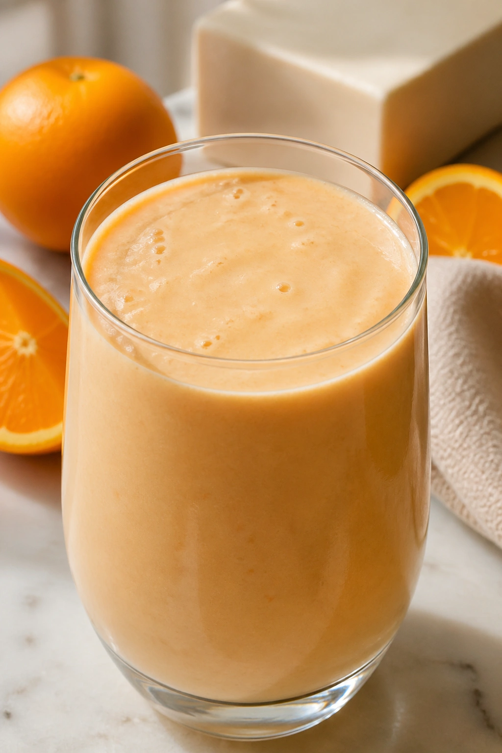 Close-up of pale orange tofu smoothie in a glass on a kitchen counter