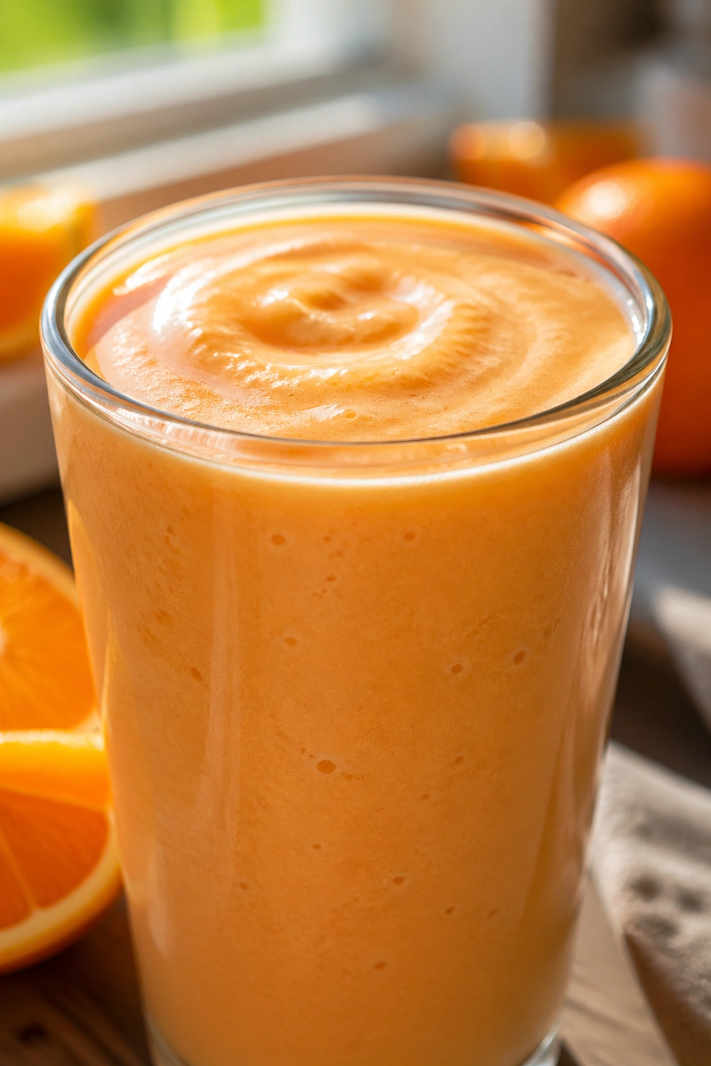 Bright orange vanilla smoothie in glass on sunlit breakfast bar