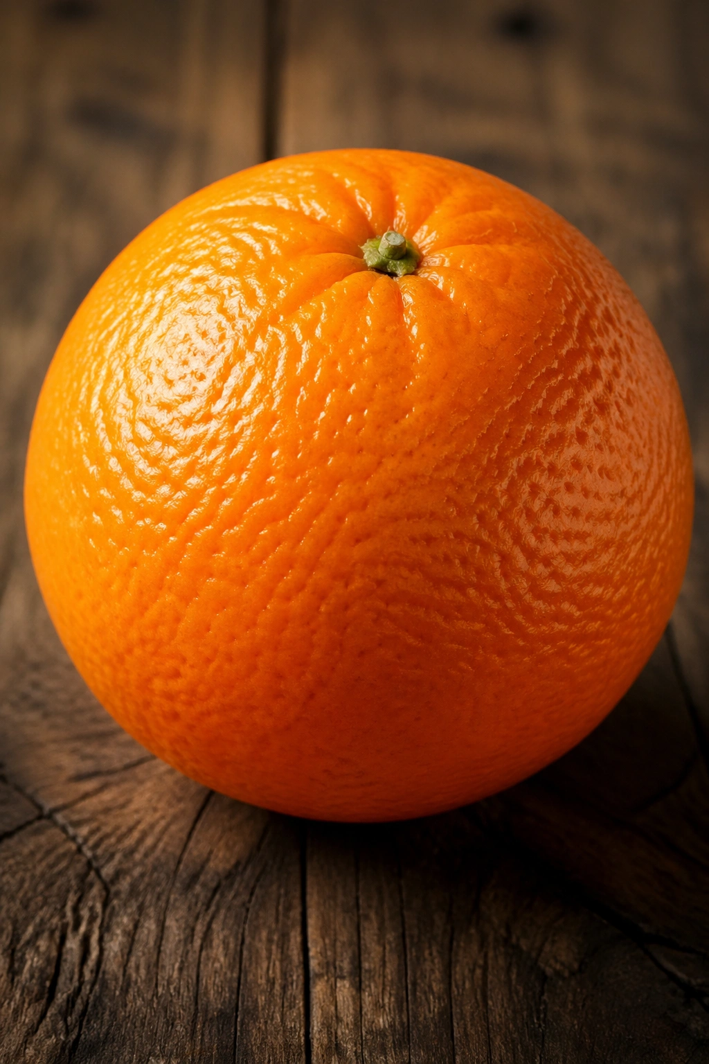 Close-up of a bright orange with textured rind on a wooden table.