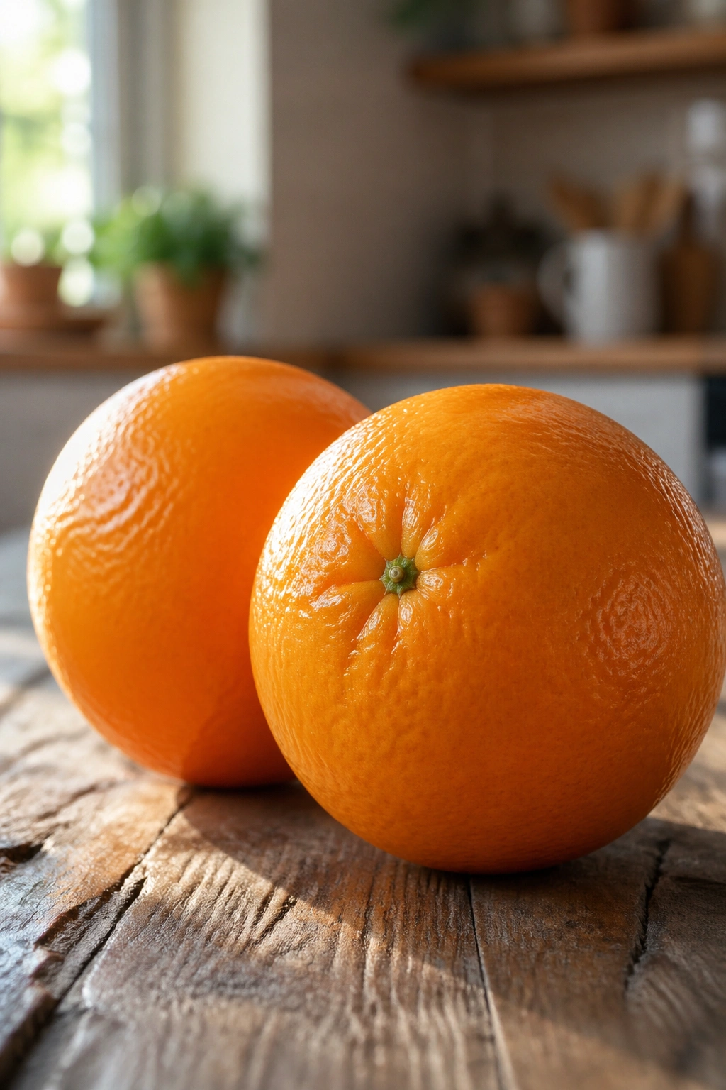 Two oranges on a wooden surface in a bright kitchen